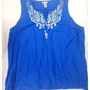 Catherines Women's Blue White Embroidered Shirt Tank Shell Sleeveless Size 2X